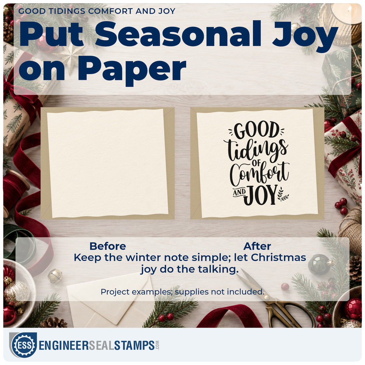 Before and after of a plain item finished with the PSI Pre-Inked Good Tidings Comfort And Joy Stamp, a quick upgrade for framed quiet corner.