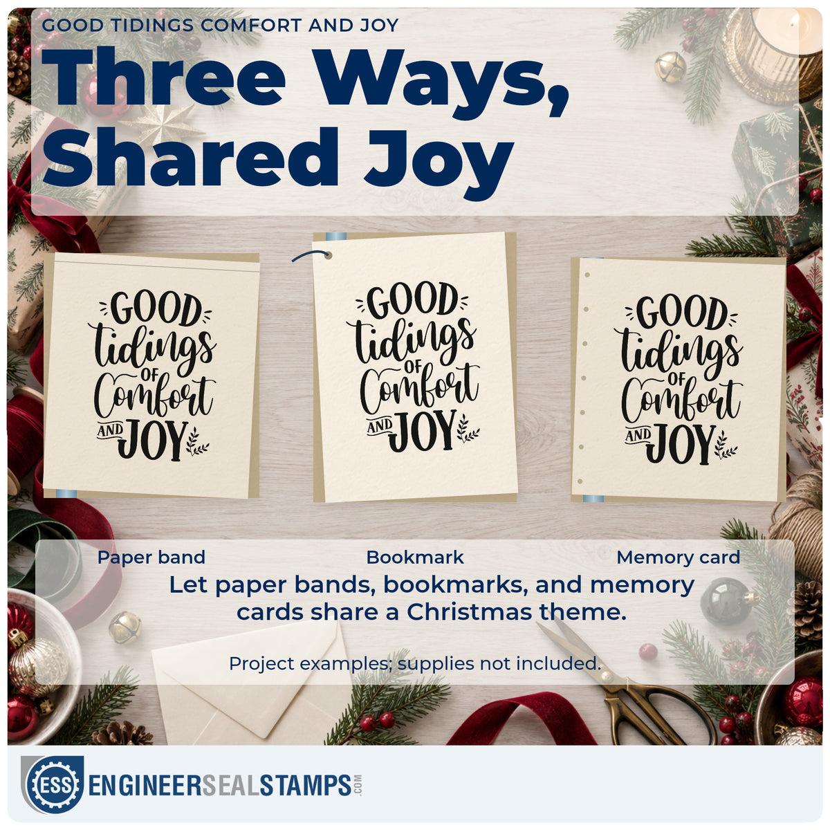 Three project examples made with the Good Tidings Comfort And Joy Stamp – Self-Inking, including visit plan sheet.
