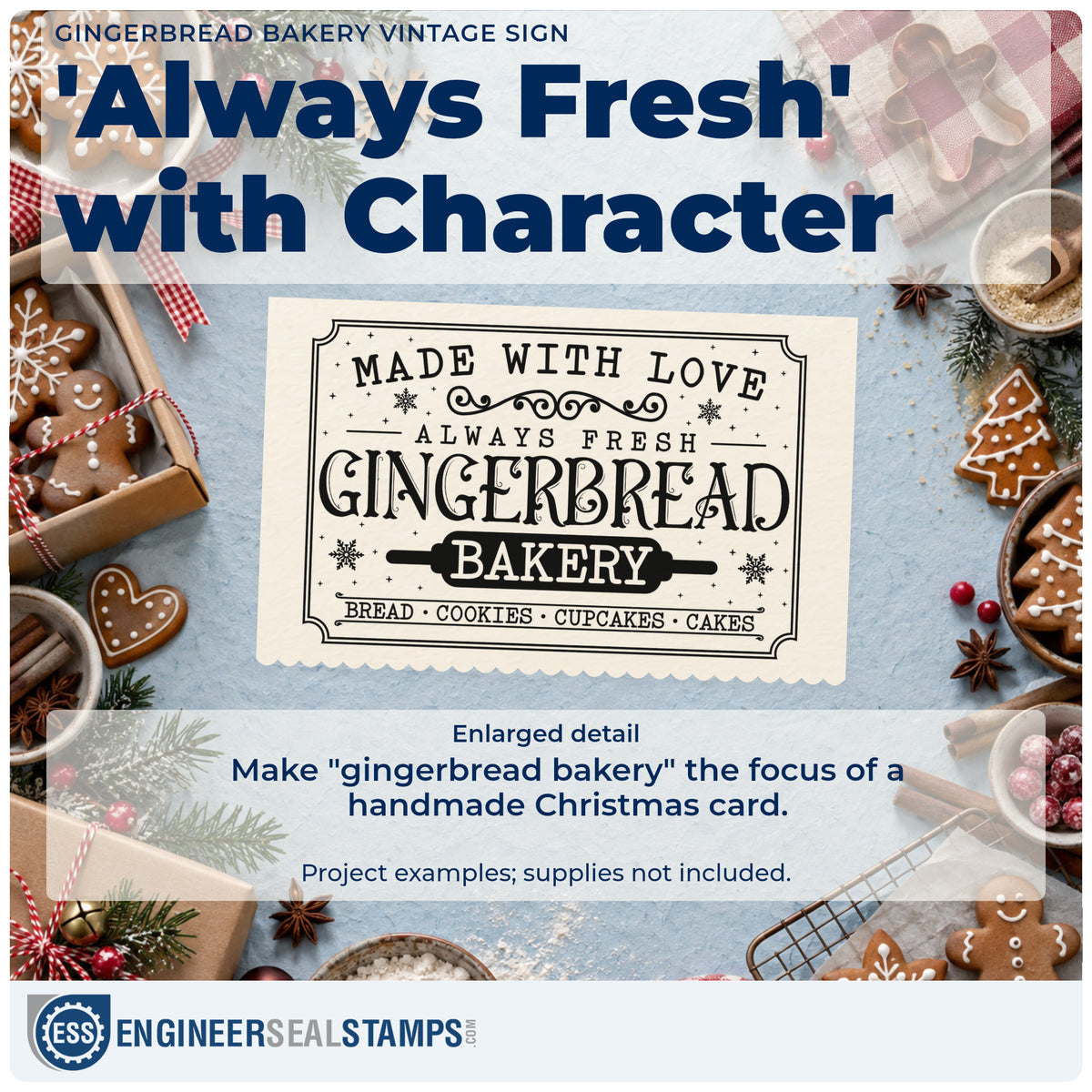 Enlarged detail of the Gingerbread Bakery Vintage Sign Lettering Wood Handle Stamp imprint. An ornate bordered sign reads "Made with love," "always fresh," and "gingerbread bakery" above a list of baked goods.