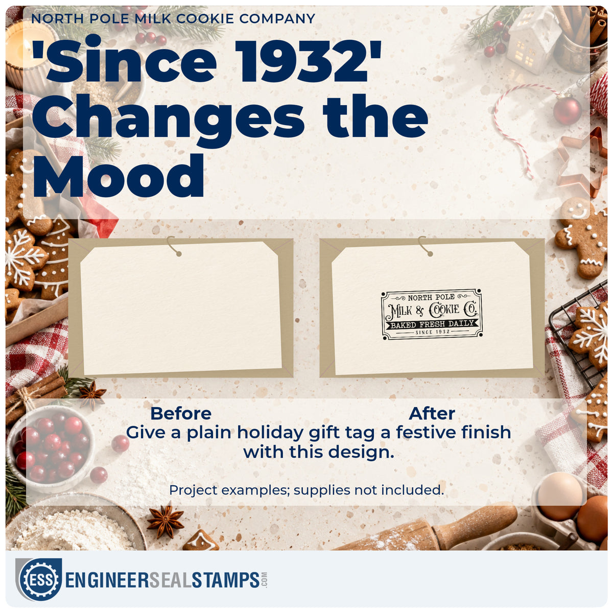 Before and after of a plain item finished with the North Pole Milk Cookie Company Self-Inking Stamp, a quick upgrade for framed dairy wall.