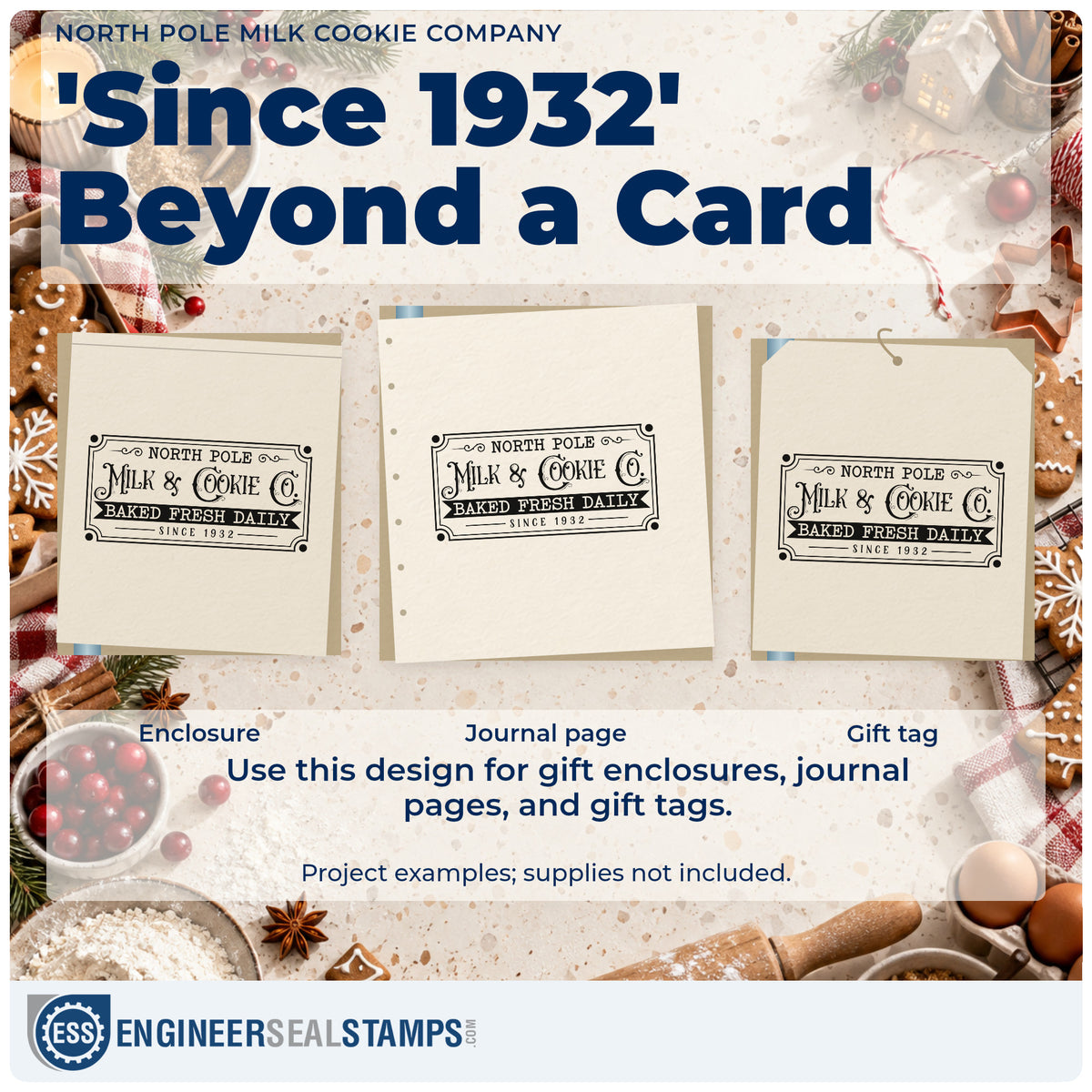 Three project examples made with the North Pole Milk Cookie Company Self-Inking Stamp, including delivery log sheet.