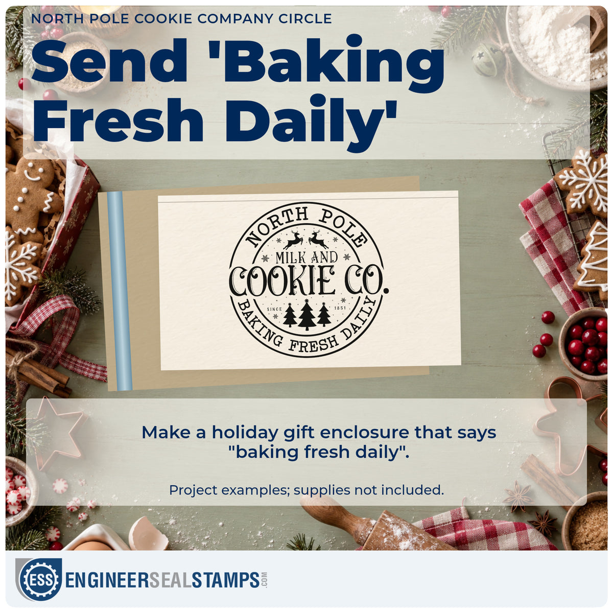 A finished handmade project stamped with the Self-Inking North Pole Cookie Company Circle Reindeer Stamp, ideal for branding album page.