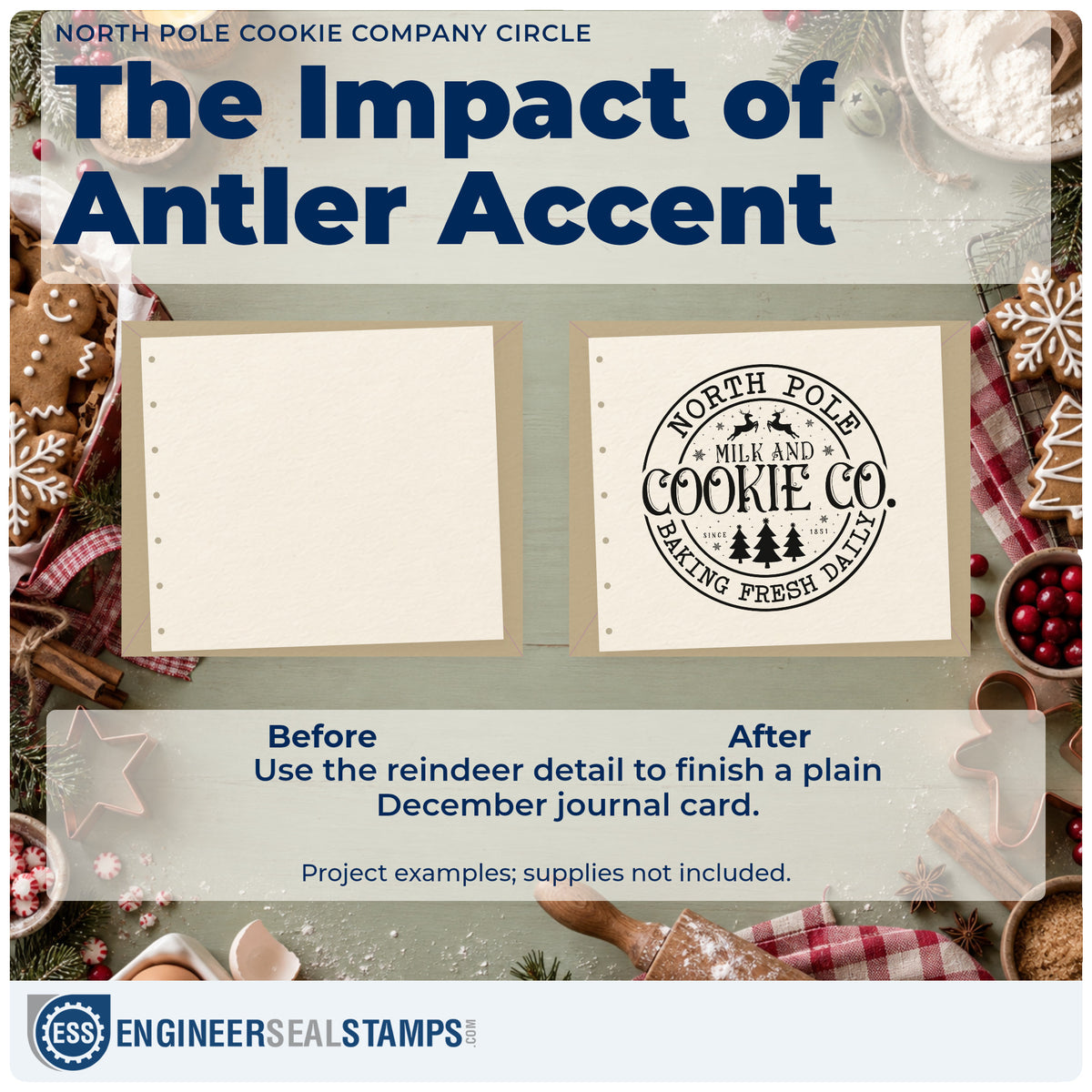 Before and after of a plain item finished with the North Pole Cookie Company Circle Reindeer Pre-Inked Stamp – PSI, a quick upgrade for framed round plaque.
