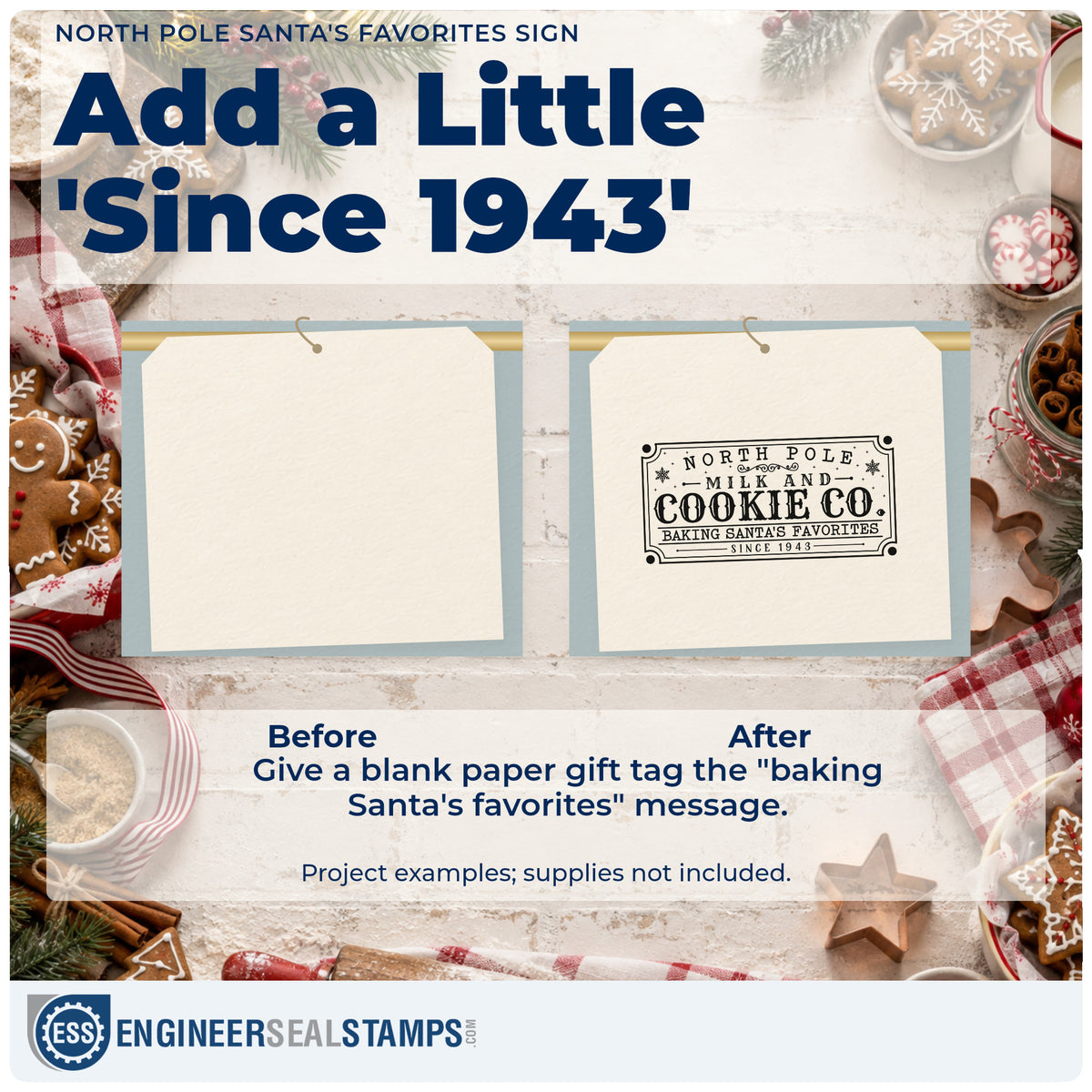 Before and after of a plain item finished with the Wood Handle North Pole Santa's Favorites Sign Rubber Stamp, a quick upgrade for framed counter wall.