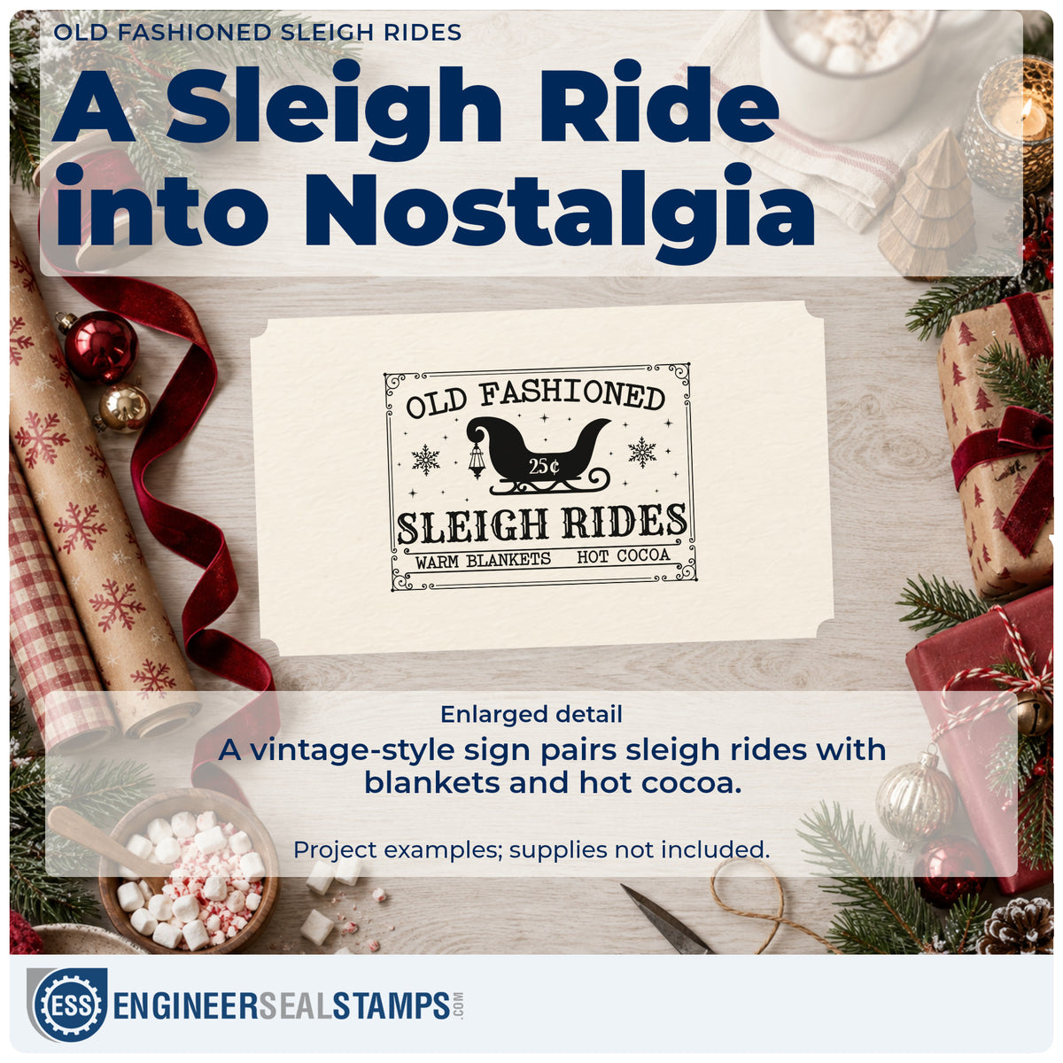 Enlarged detail of the Old Fashioned Sleigh Rides Snowflakes Stamp – PSI Pre-Inked imprint. A vintage sign features a sleigh, snowflakes, "Old fashioned sleigh rides," and "warm blankets hot cocoa."