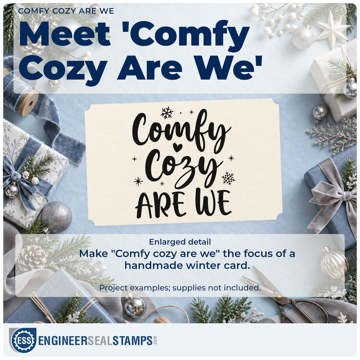Enlarged detail of the Comfy Cozy Are We Rubber Stamp – Wood Handle imprint. The words "Comfy cozy are we" include a small heart, snowflakes, and stars.