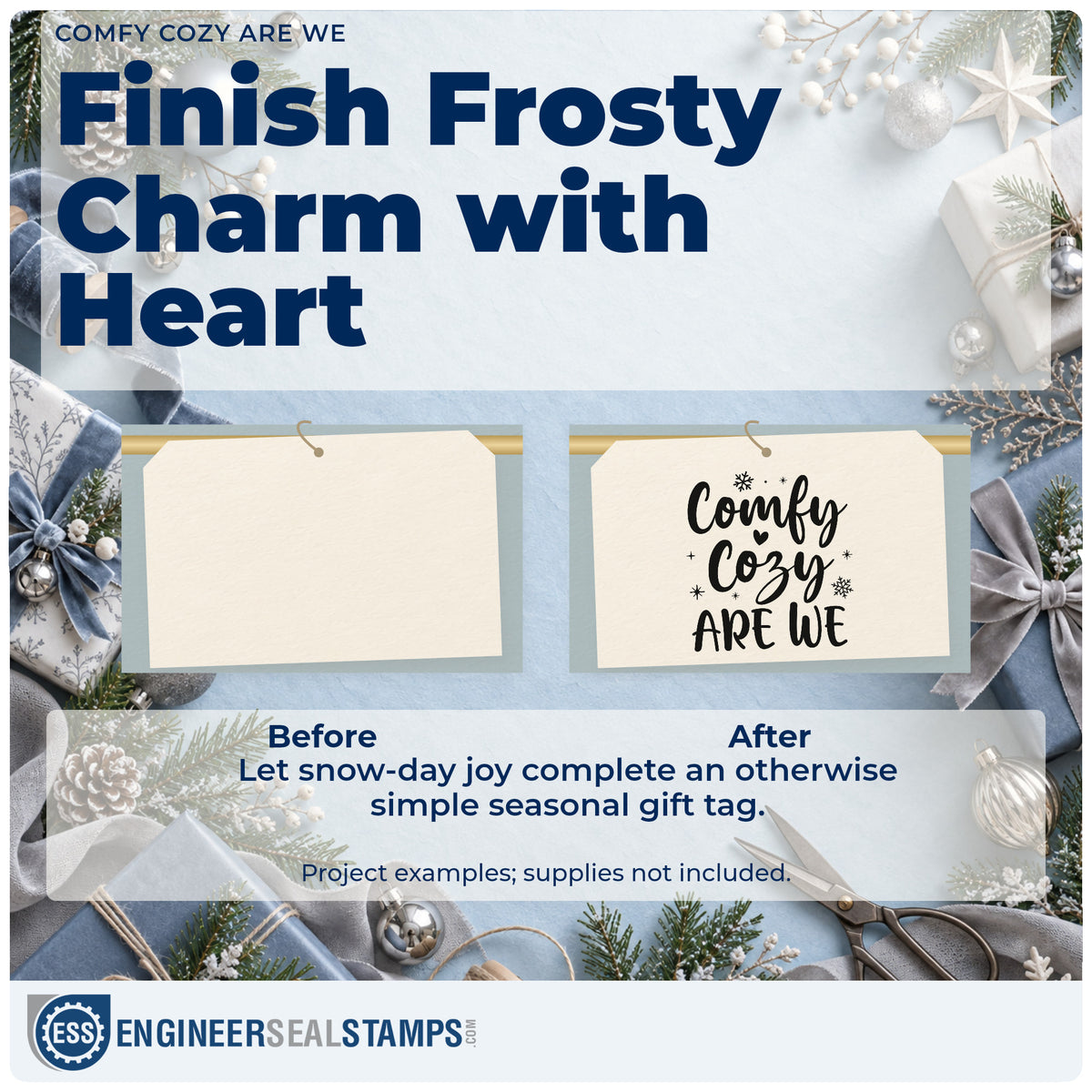 Before and after of a plain item finished with the Comfy Cozy Are We PSI Pre-Inked Stamp, a quick upgrade for framed den shelf.
