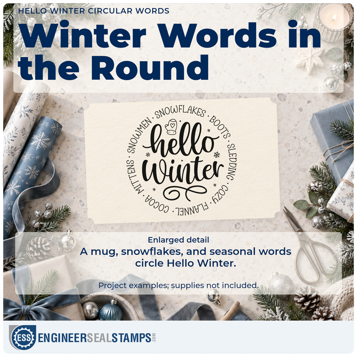 Enlarged detail of the Hello Winter Self-Inking Stamp imprint. The words "hello winter" are surrounded by a circle of winter-related words with a mug, snowflakes, and flourishes.