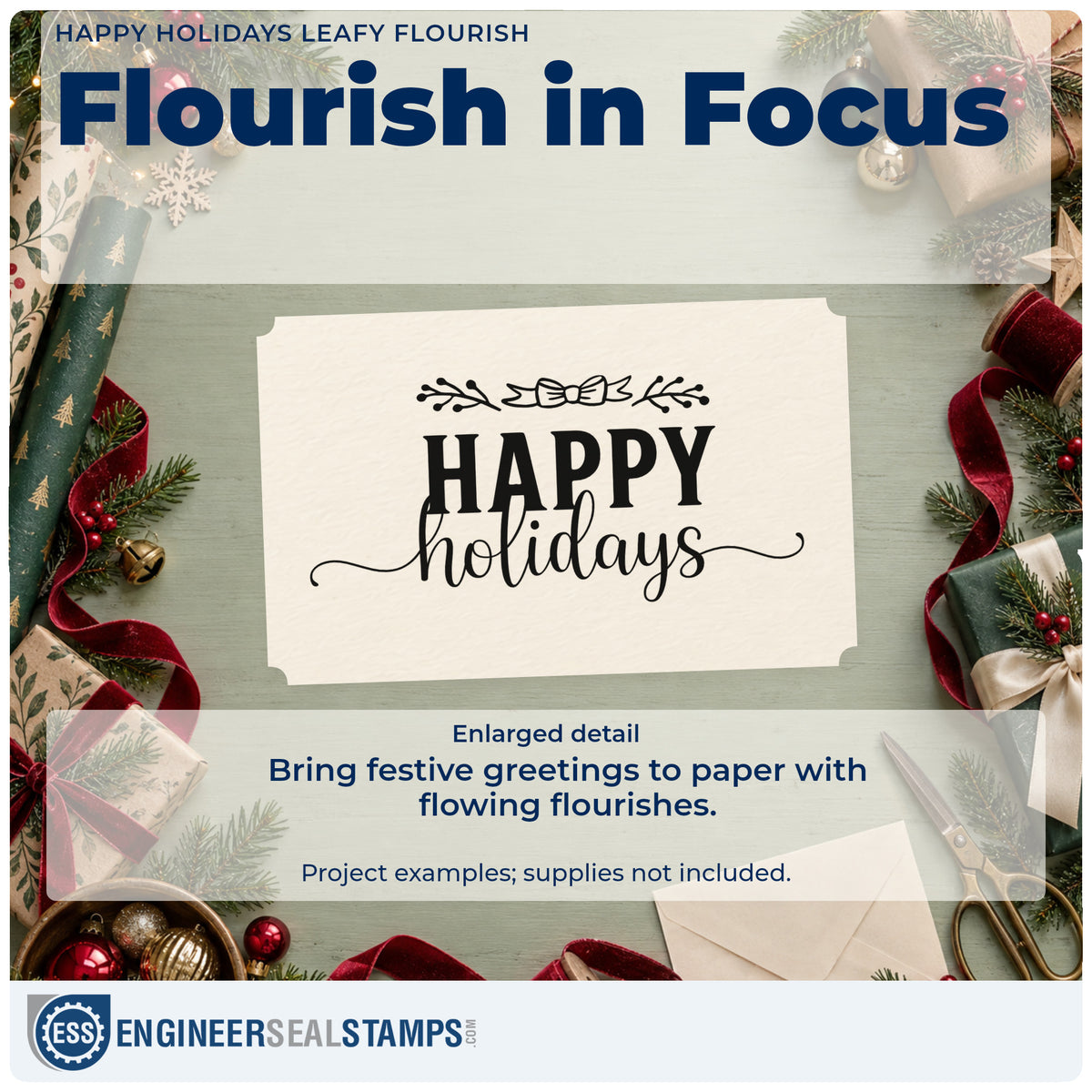 Enlarged detail of the Pre-Inked Happy Holidays Leafy Flourish Stamp – PSI imprint. The greeting "Happy holidays" appears with a leafy flourish above and fine curling lines below.