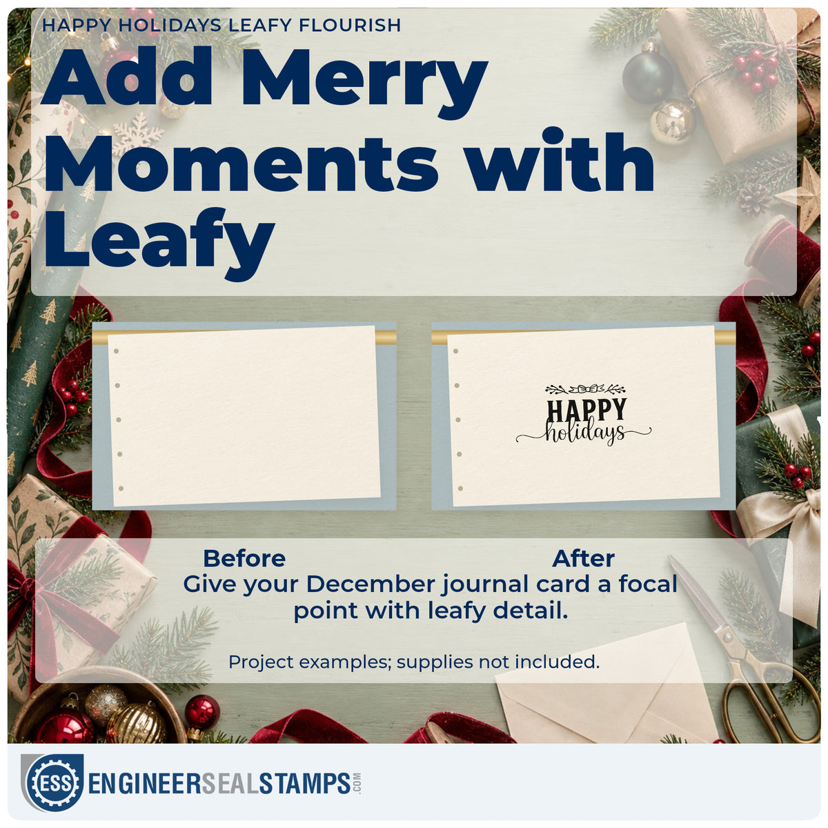 Before and after of a plain item finished with the Pre-Inked Happy Holidays Leafy Flourish Stamp – PSI, a quick upgrade for runner both ends ink.