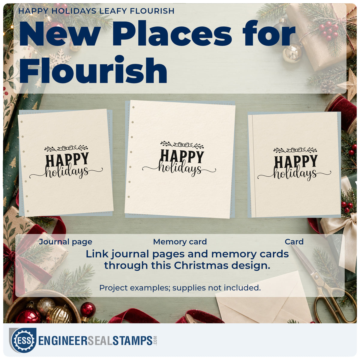 Three project examples made with the Happy Holidays Leafy Flourish Pre-Inked Stamp – Slim, including banded gift tags.