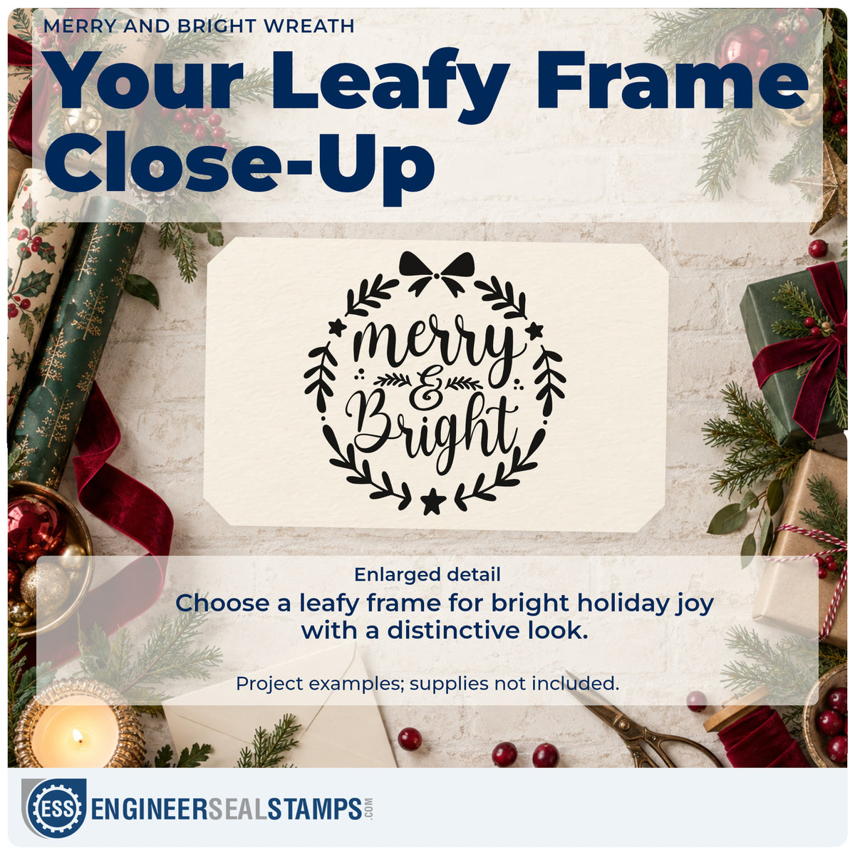 Enlarged detail of the Merry & Bright Leaf Wreath Compact Pre-Inked Stamp – Slim imprint. The words "merry & bright" appear inside a leafy wreath topped with a bow and dotted with stars.