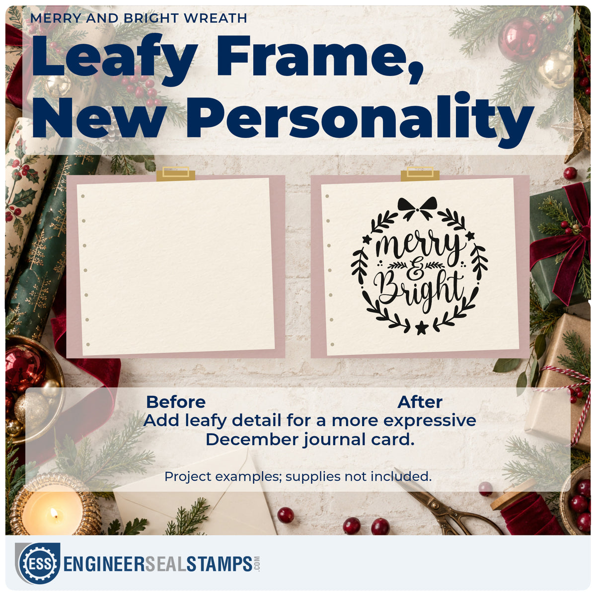 Before and after of a plain item finished with the Merry & Bright Leaf Wreath Compact Pre-Inked Stamp – Slim, a quick upgrade for framed porch ledge.