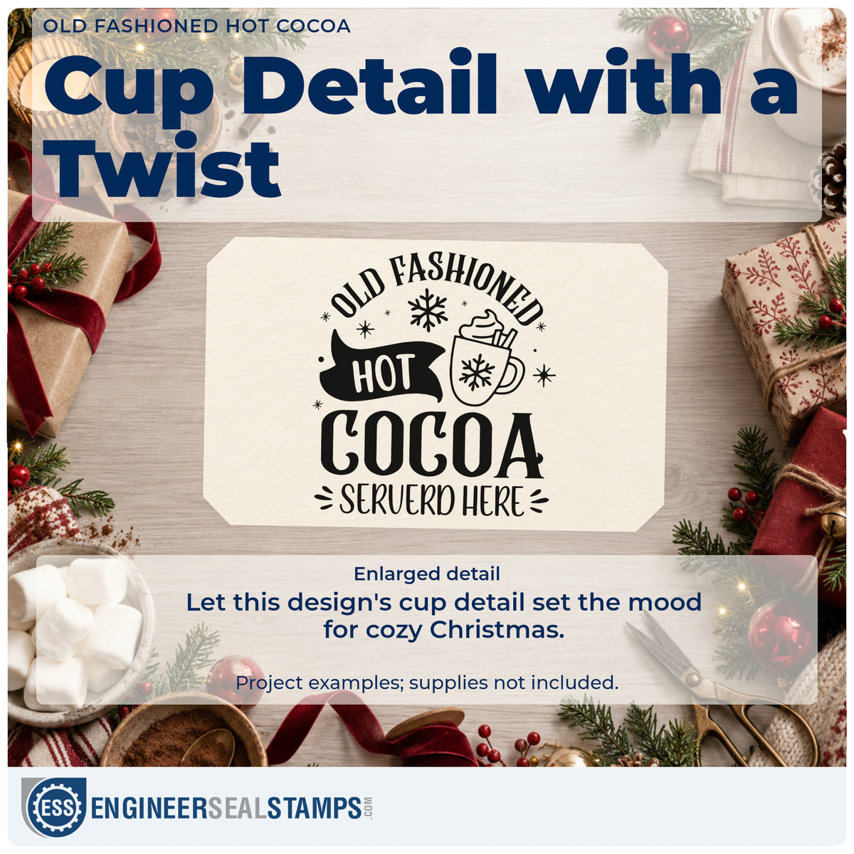 Enlarged detail of the Old Fashioned Hot Cocoa Served Here Duo Hand Stamp imprint. The words "Old fashioned hot cocoa served here" surround a whipped cocoa mug with snowflakes and star accents.