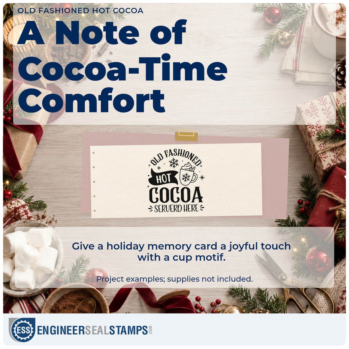A finished handmade project stamped with the Old Fashioned Hot Cocoa Served Here Duo Hand Stamp, ideal for stand album page.