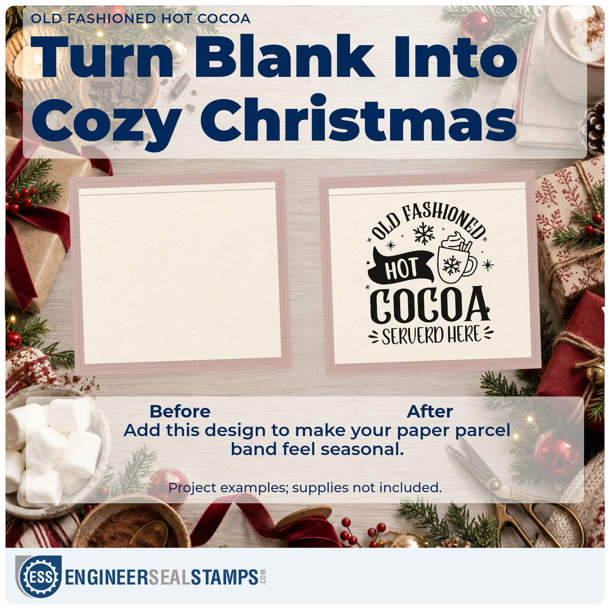 Before and after of a plain item finished with the PSI Pre-Inked Old Fashioned Hot Cocoa Served Here Stamp, a quick upgrade for framed stand back.