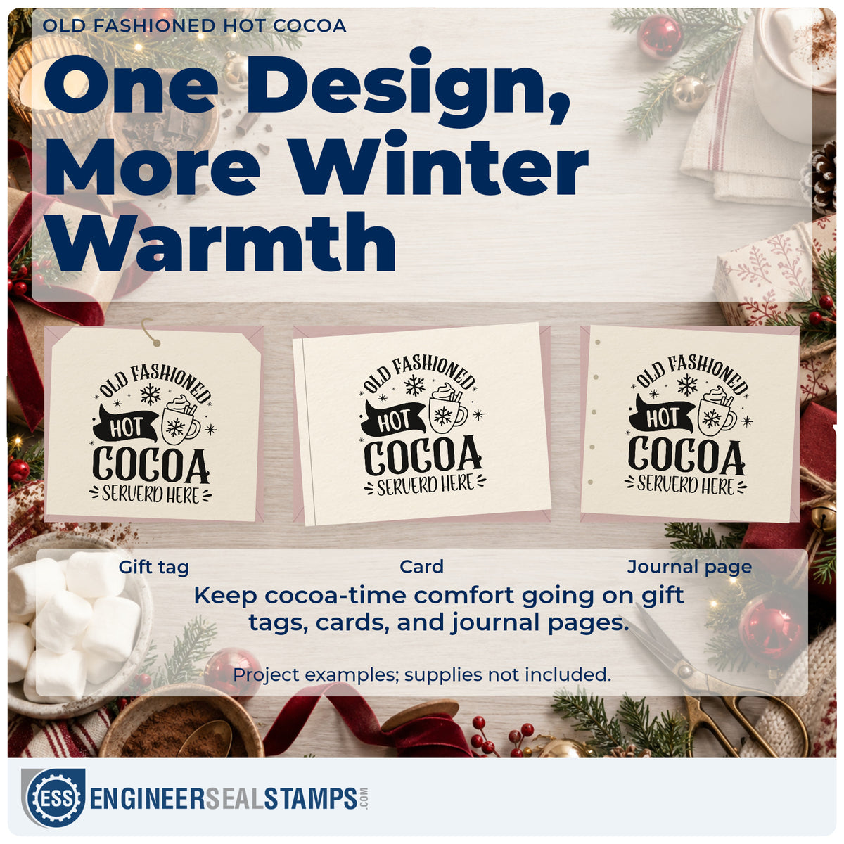 Three project examples made with the Old Fashioned Hot Cocoa Served Here Rubber Stamp – Wood Handle, including batch recipe sheet.
