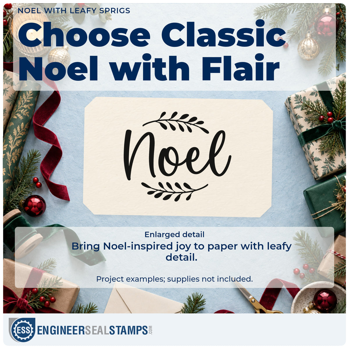 Enlarged detail of the Slim Pre-Inked Noel With Leafy Sprigs Script Lettering Stamp imprint. The script word "Noel" appears between two leafy sprigs.