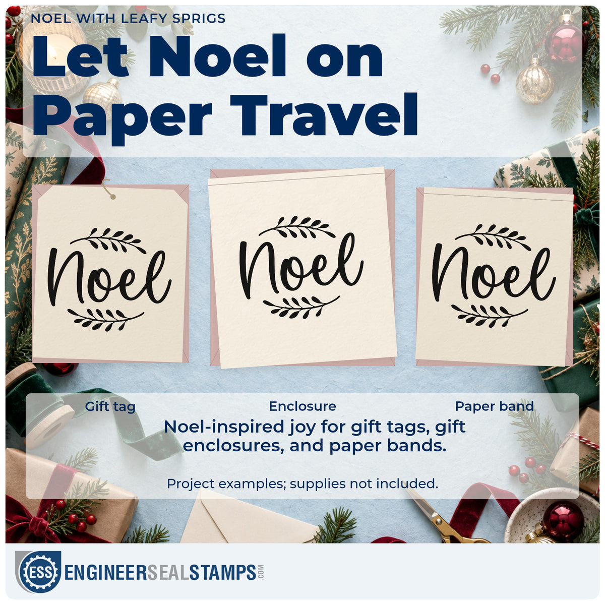 Three project examples made with the Noel With Leafy Sprigs Script Lettering Rubber Stamp – Duo Hand, including month break sheet.