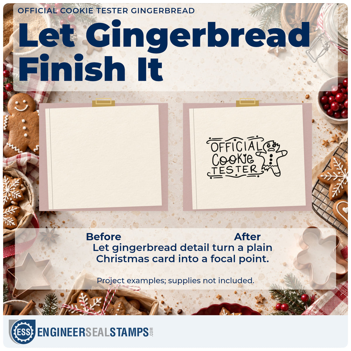 Before and after of a plain item finished with the Official Cookie Tester Gingerbread PSI Pre-Inked Stamp, a quick upgrade for framed ledger print.