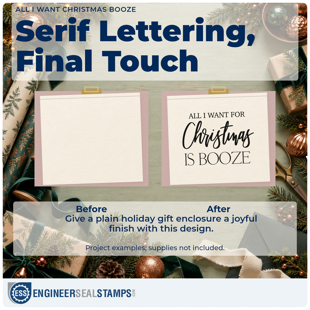 Before and after of a plain item finished with the All I Want Christmas Booze Stamp – Premium Vintage Pro Wooden, a quick upgrade for cart cloth printing.