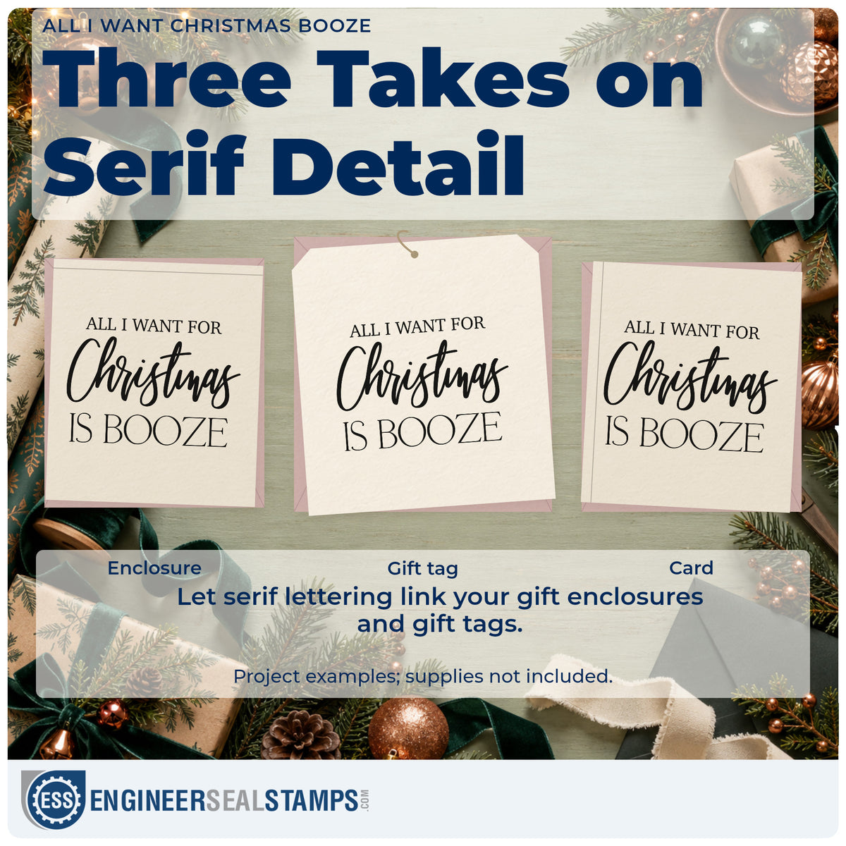 Three project examples made with the All I Want Christmas Booze Rubber Stamp – Wood Handle, including bottle bag gift tags.