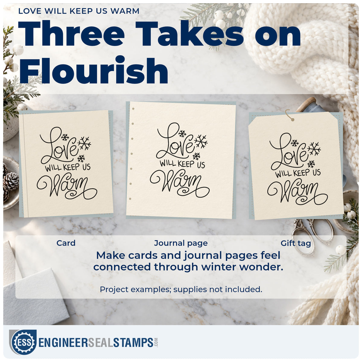 Three project examples made with the Love Will Keep Us Warm Rubber Stamp – Duo Hand, including shared plan sheet.