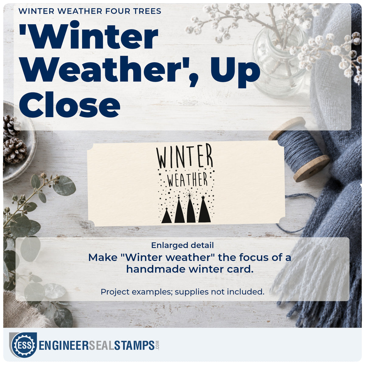 Enlarged detail of the Duo Hand Winter Weather Four Trees Lettering Rubber Stamp imprint. The words "Winter weather" appear above four triangular trees amid falling snow dots.
