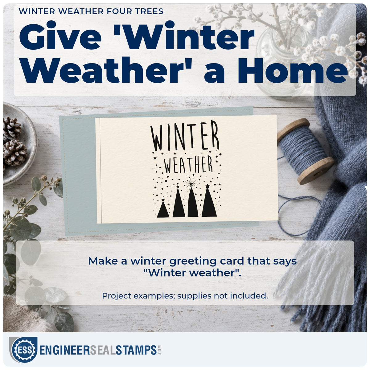 A finished handmade project stamped with the Winter Weather Four Trees Lettering Slim Pre-Inked Stamp, ideal for geometric album page.