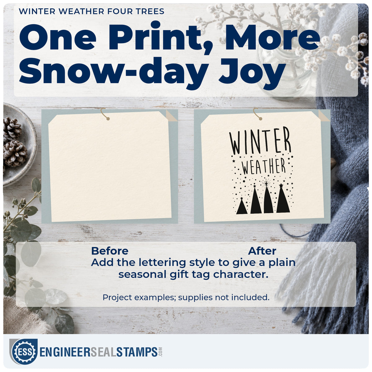 Before and after of a plain item finished with the Duo Hand Winter Weather Four Trees Lettering Rubber Stamp, a quick upgrade for framed modern mat.