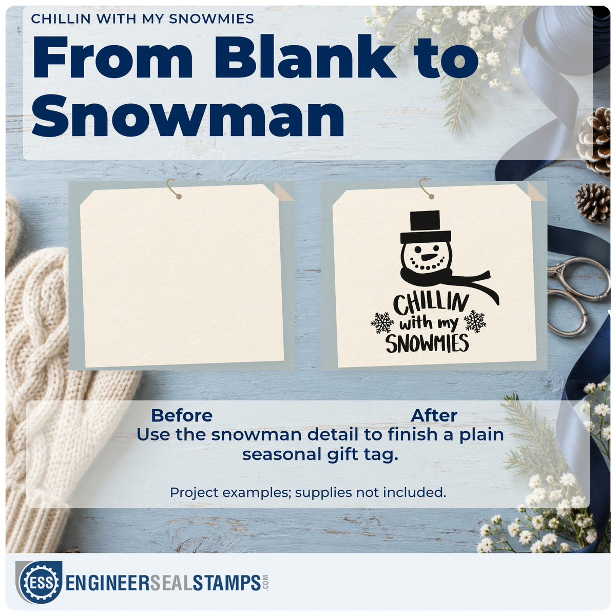 Before and after of a plain item finished with the Chillin With My Snowmies Stamp – Self-Inking, a quick upgrade for framed mudroom shelf.