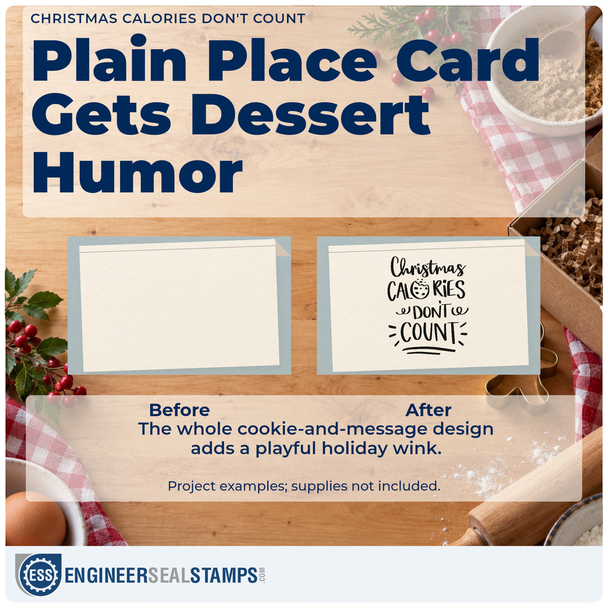 Before and after of a plain item finished with the Christmas Calories Don't Count Cookies Craft Stamp – Self-Inking, a quick upgrade for framed order window.