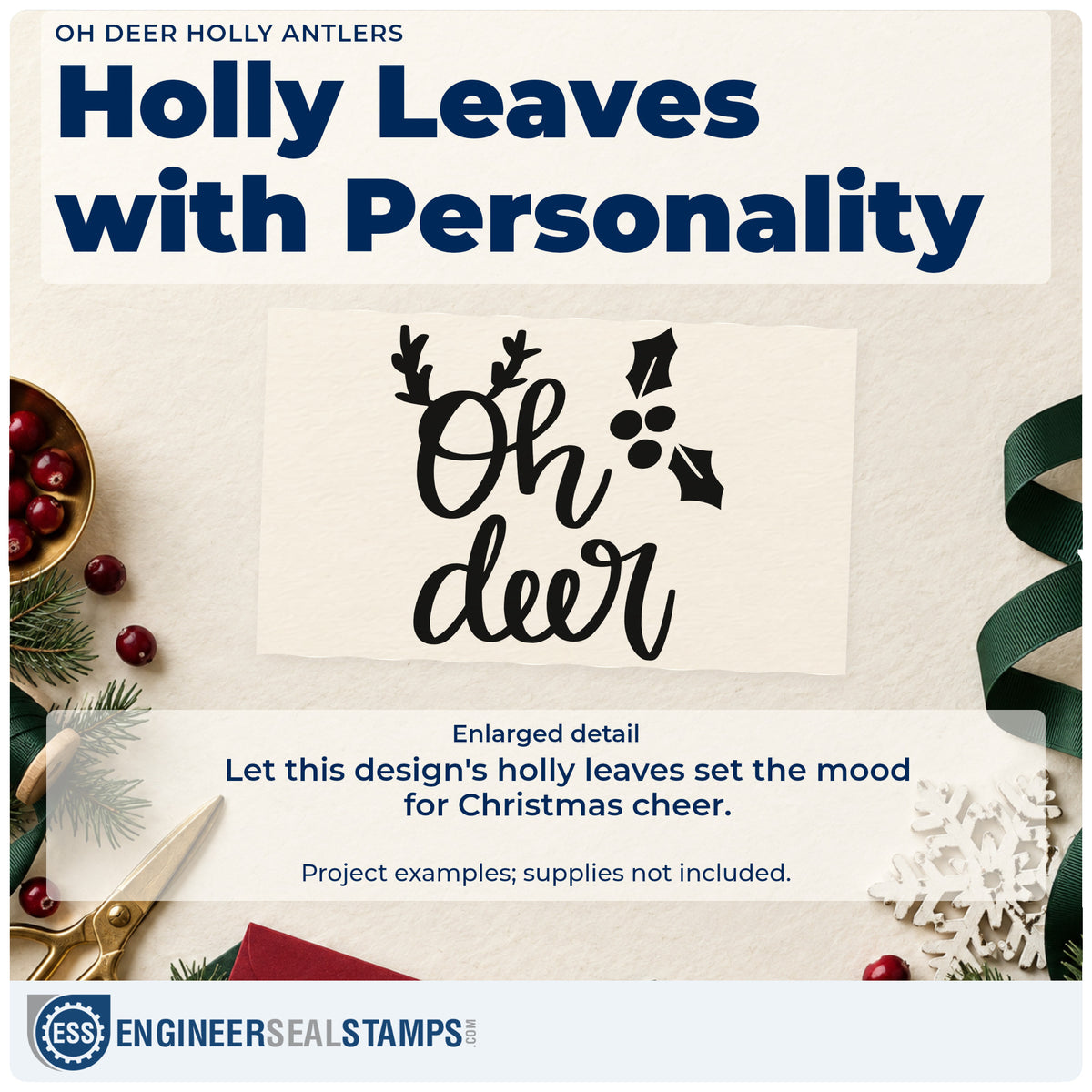 Enlarged detail of the Oh Deer Holly Antlers Leaf Accents Premium Wooden Stamp – Vintage Pro imprint. The words "Oh deer" appear with antlers and bold holly leaves and berries.