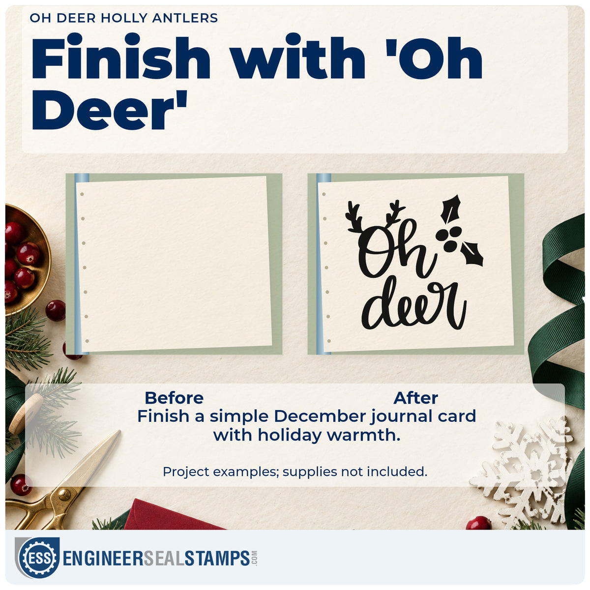 Before and after of a plain item finished with the Oh Deer Holly Antlers Leaf Accents Self-Inking Stamp, a quick upgrade for framed shed wall.