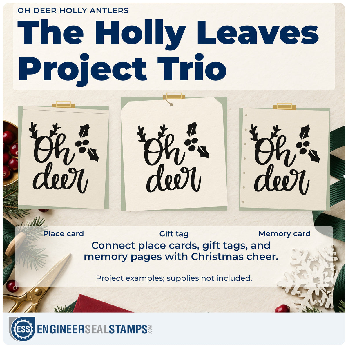 Three project examples made with the Oh Deer Holly Antlers Leaf Accents Rubber Stamp – Duo Hand, including cutting plan sheet.