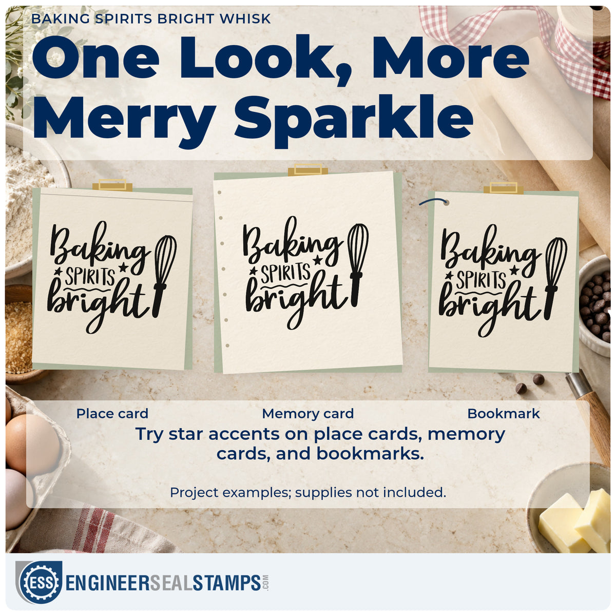 Three project examples made with the Baking Spirits Bright Whisk Slim Pre-Inked Stamp, including batter bowl tags.