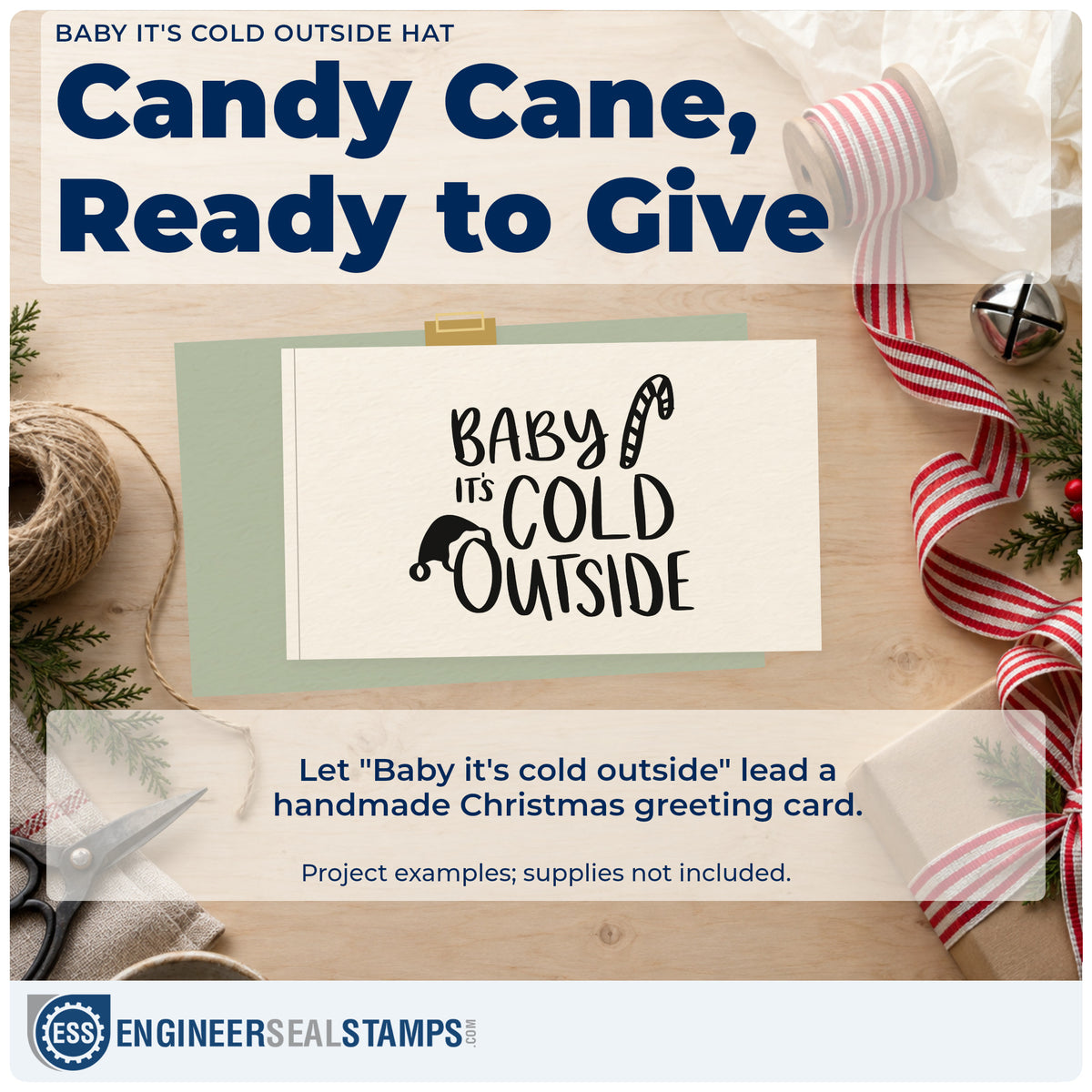 A finished handmade project stamped with the Baby It's Cold Outside Hat Candy Cane Stamp – Premium Vintage Pro Wooden, ideal for cane cards.