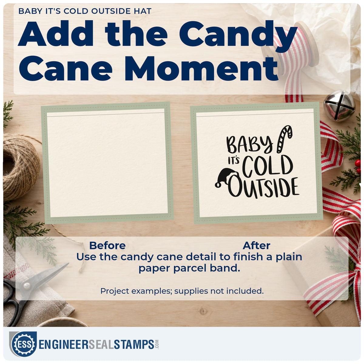 Before and after of a plain item finished with the Baby It's Cold Outside Hat Candy Cane Rubber Stamp – Duo Hand, a quick upgrade for snowsuit patch ink.