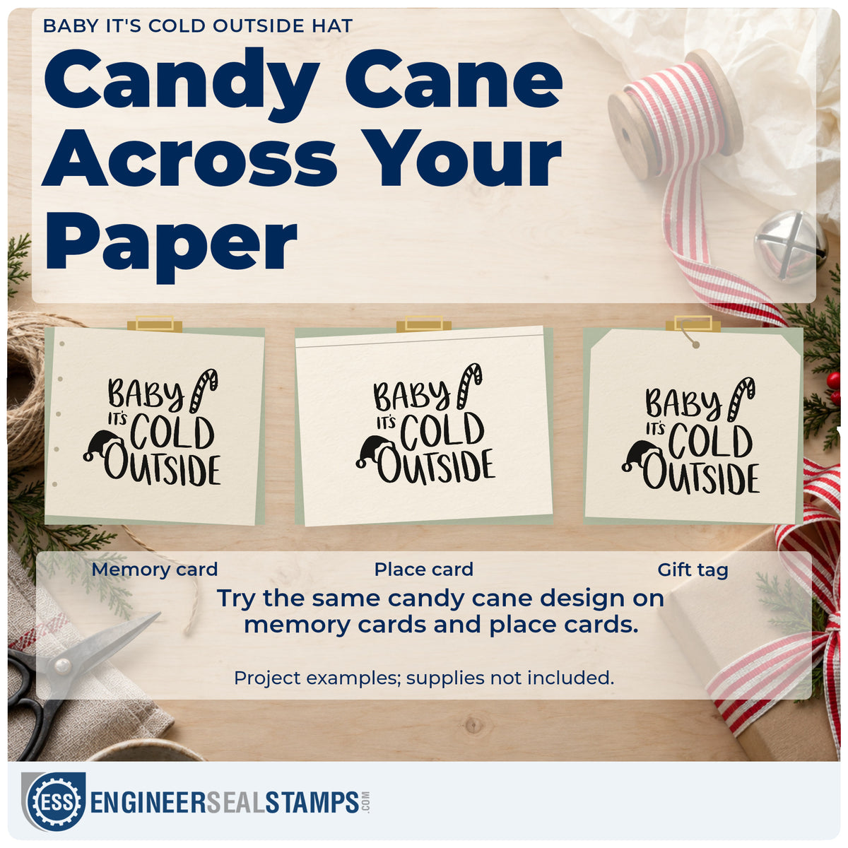 Three project examples made with the Slim Pre-Inked Baby It's Cold Outside Hat Candy Cane Stamp, including cocoa cup gift tags.