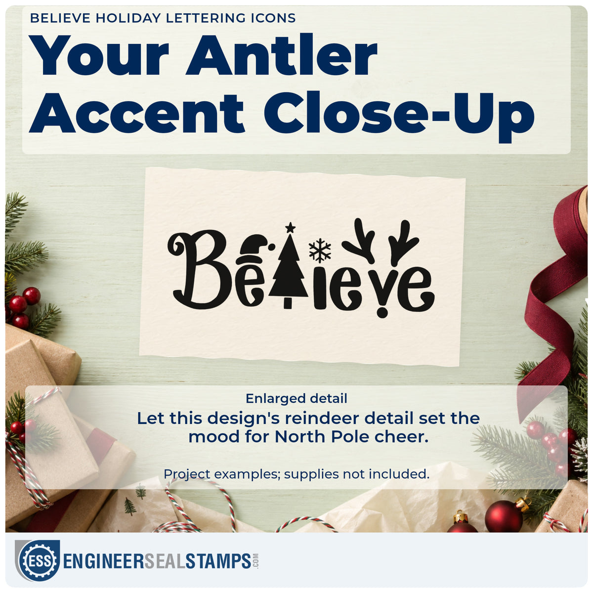 Enlarged detail of the Believe Holiday Lettering Icons Self-Inking Stamp imprint. The word "Believe" incorporates a Santa hat, tree, snowflakes, and antlers.