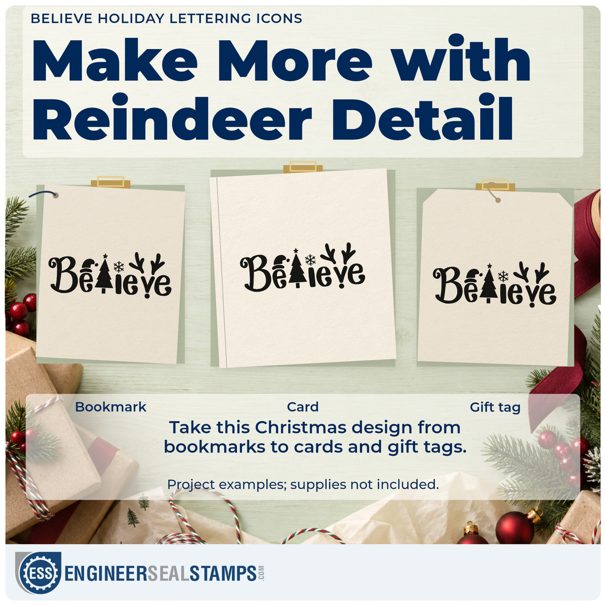 Three project examples made with the Believe Holiday Lettering Icons Pre-Inked Stamp – Slim, including sketch note sheet.
