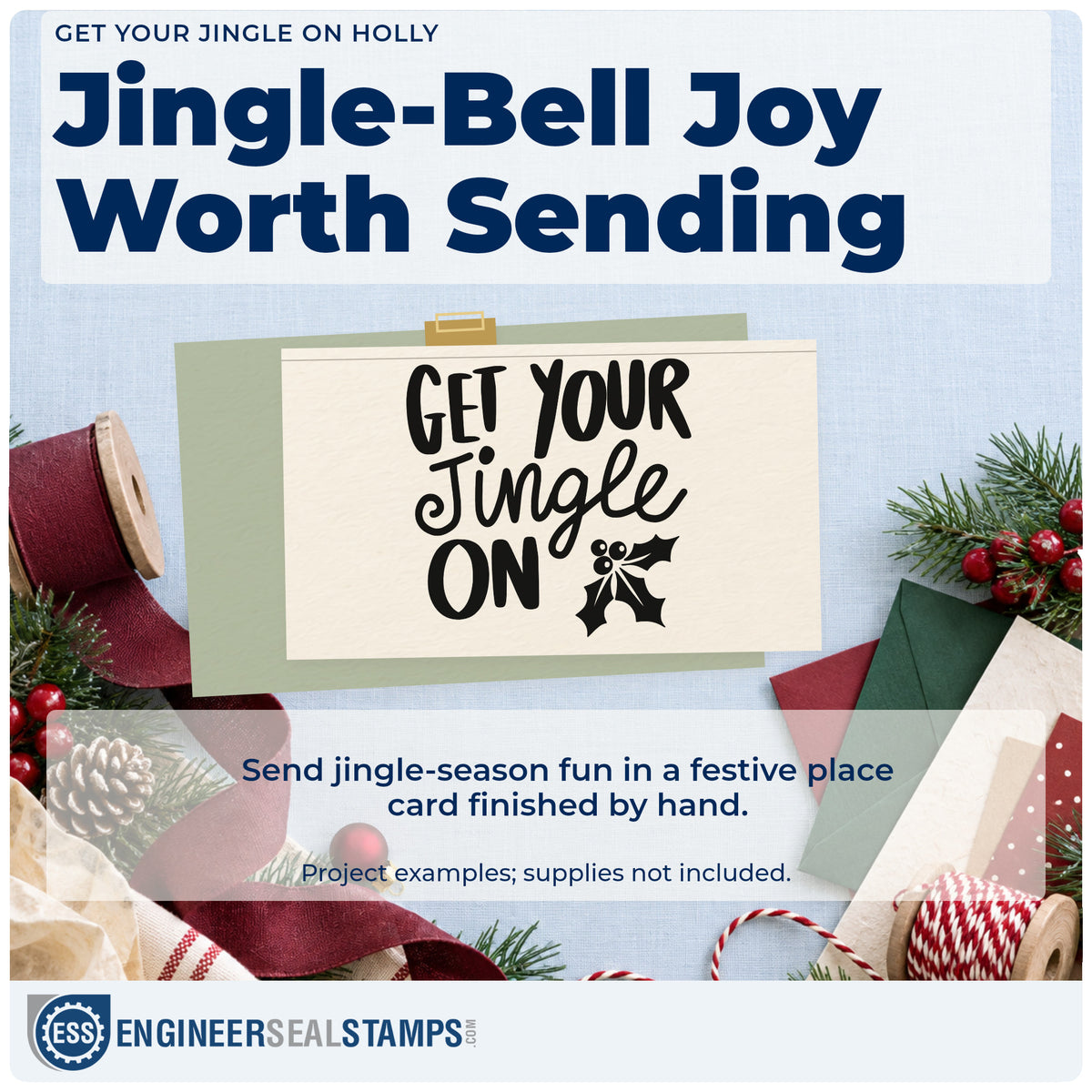 A finished handmade project stamped with the Get Your Jingle On Holly Lettering Slim Pre-Inked Stamp, ideal for event album page.