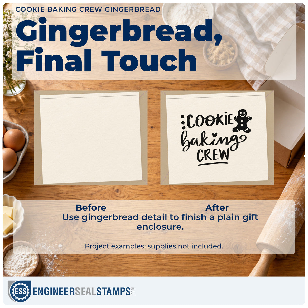 Before and after of a plain item finished with the Cookie Baking Crew Gingerbread Pre-Inked Stamp – Slim, a quick upgrade for apron hem printing.