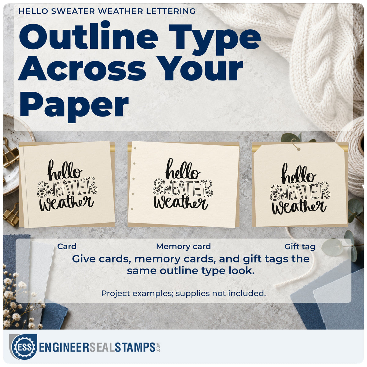 Three project examples made with the Hello Sweater Weather Slim Pre-Inked Stamp, including color in note sheet.