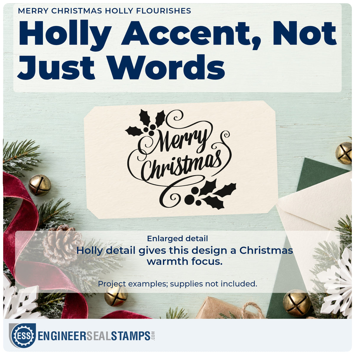 Enlarged detail of the Merry Christmas Holly Flourishes Stamp – Self-Inking imprint. The greeting "Merry Christmas" appears in ornate script framed by holly and sweeping flourishes.