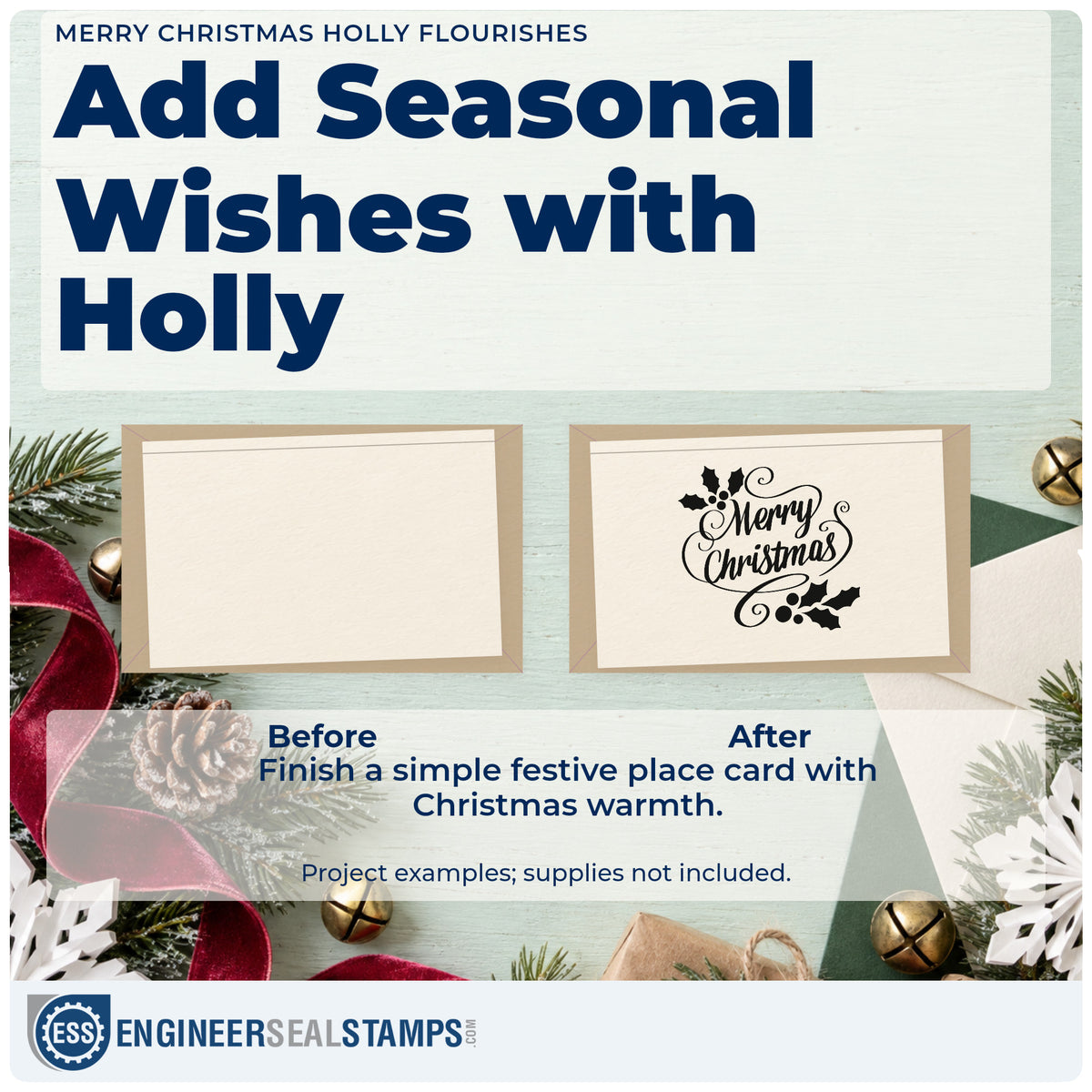 Before and after of a plain item finished with the Merry Christmas Holly Flourishes Stamp – Self-Inking, a quick upgrade for framed mantel piece.