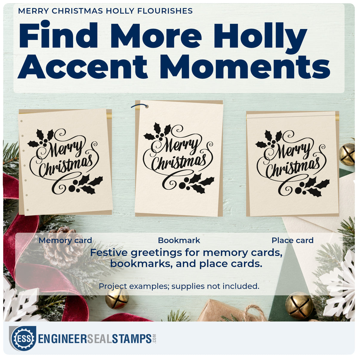 Three project examples made with the Merry Christmas Holly Flourishes Rubber Stamp – Wood Handle, including guest book opener.