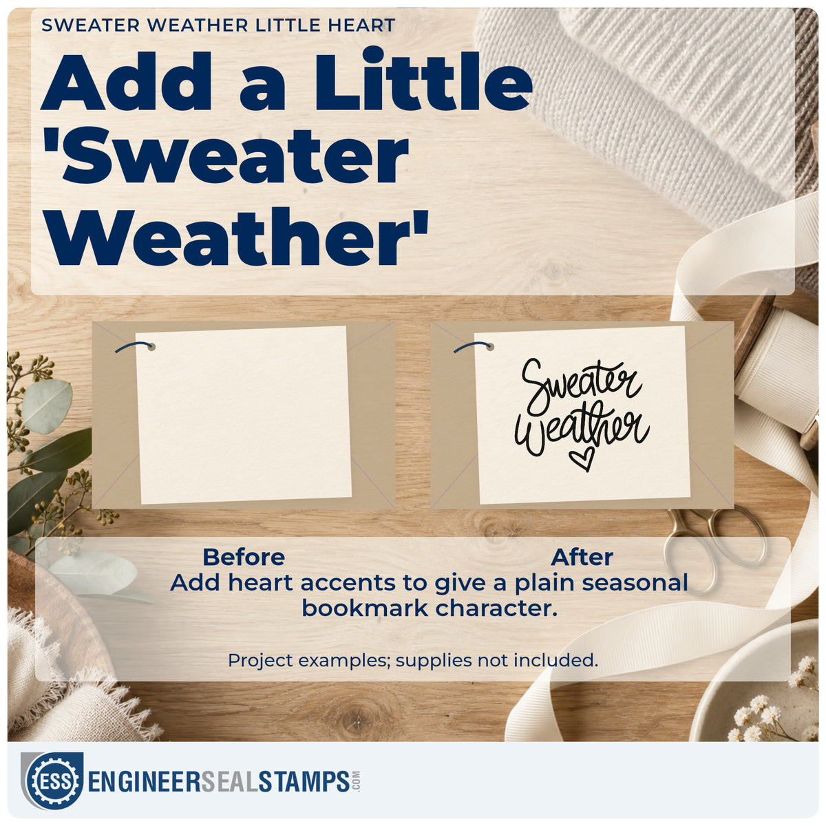 Before and after of a plain item finished with the Sweater Weather Little Heart Script Lettering Premium Wooden Stamp – Vintage Pro, a quick upgrade for framed closet shelf.