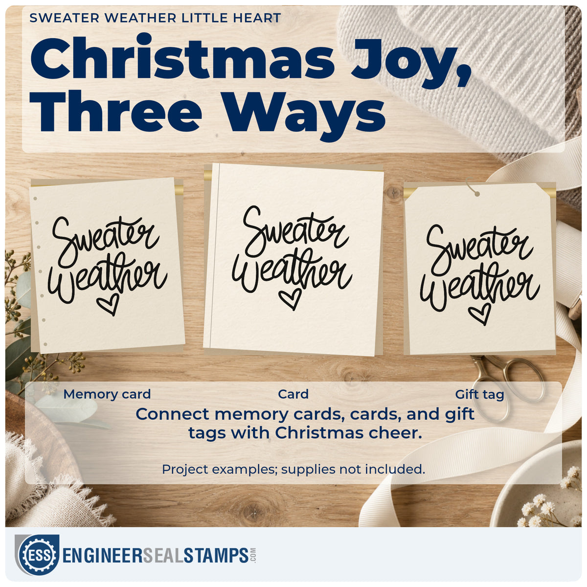Three project examples made with the Sweater Weather Little Heart Script Lettering Pre-Inked Stamp – PSI, including wardrobe log sheet.