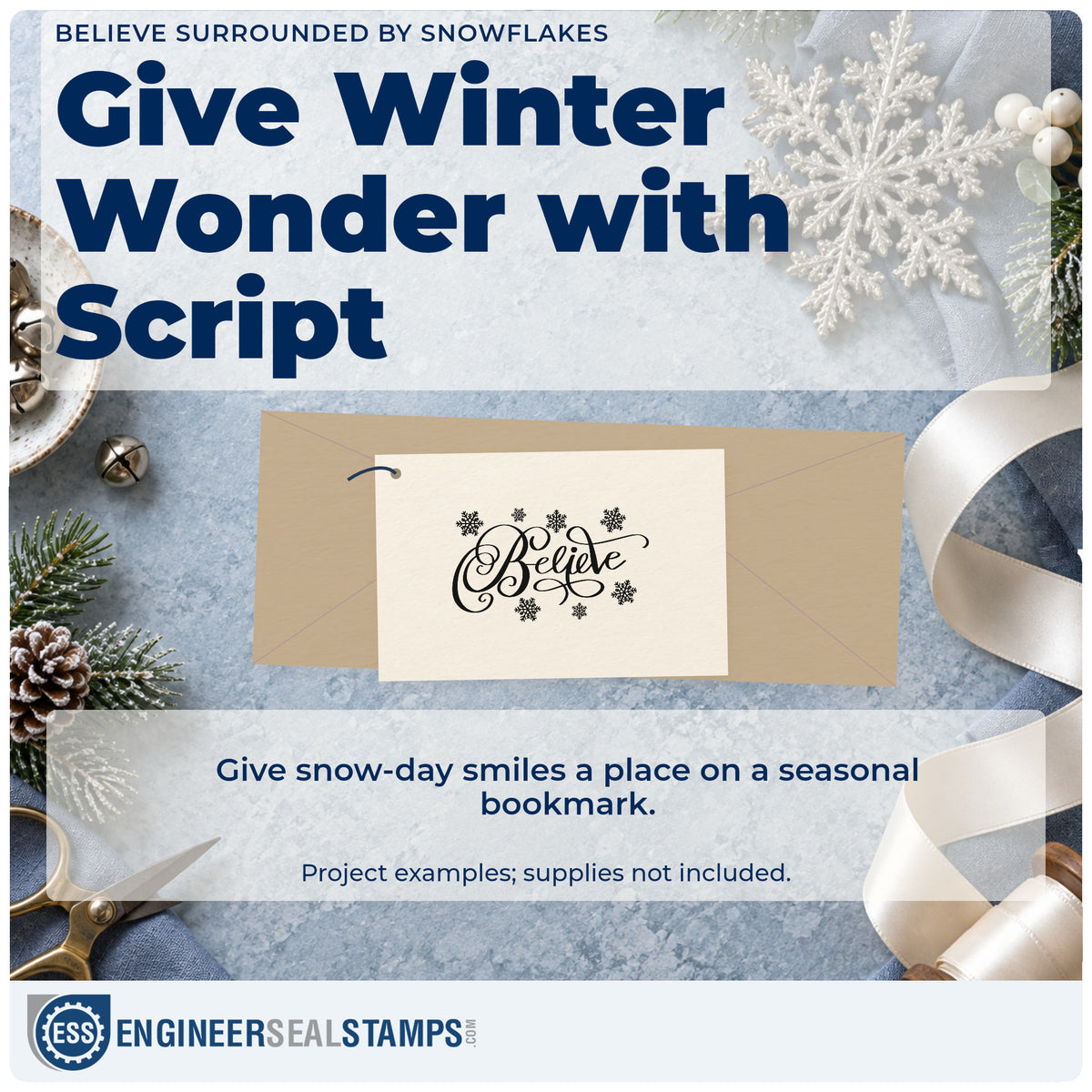 A finished handmade project stamped with the Believe Surrounded By Snowflakes Premium Wood-Mounted Stamp – Vintage Pro, ideal for paper cut album.